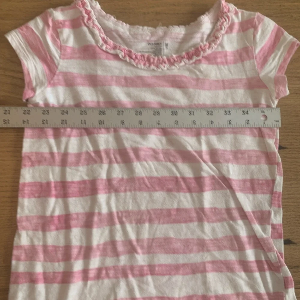 Old Navy Striped Short Sleeve Tee Shirt Scoop Neck Ruffle girls Pink White 8 Pre